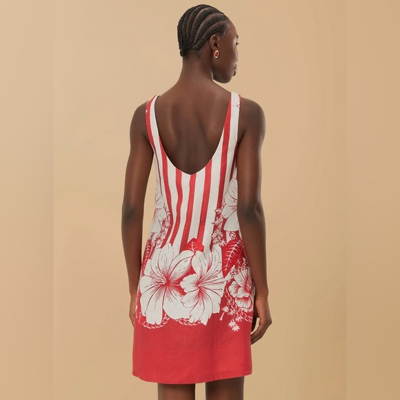 Farm Rio Red Floral Stripe Linen Mini Mini Dress Medium Pockets Botanical Boho - Picture 3 of 13